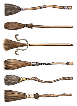 Set of six different magic wooden brooms isolated on white background. Wizard items. Hand drawn cartoon illustration Isolated on a white background. Halloween attribute. 
