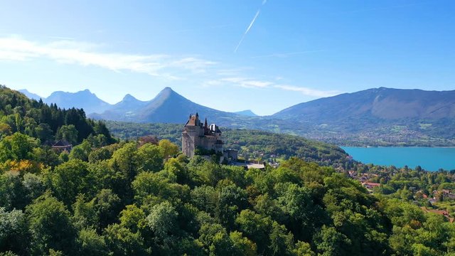 Aerial view of The Ch&acirc;teau de Menthon is a medieval castle located in the commune of Menthon-Saint-Bernard, 12 kilometres south of Annecy in the Haute-Savoie department of France