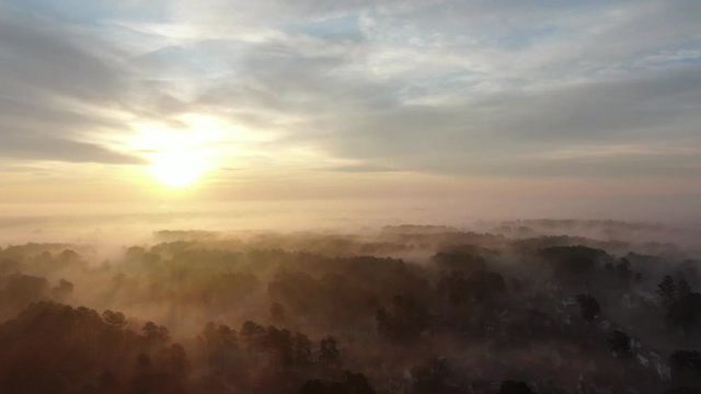 Aerial of Small Town Misty Morning