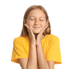 Fototapeta premium Portrait of happy preteen girl on white background