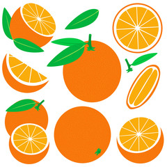Vector orange set isolated on white background. Fresh and juicy whole orange and slices.