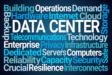 Data Center Word Cloud on Blue Background