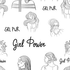 Line raster seamless pattern with girls portrait. Illustration can be used for wallpapers, pattern fills, web page backgrounds,surface textures. Girl power. Body positive