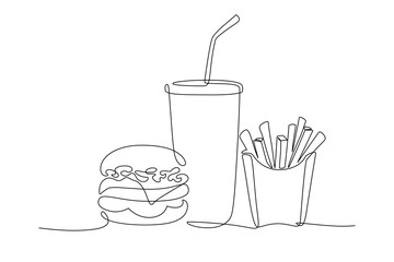 Burger, soda and french fries takeout food in continuous line art drawing style. Fast food minimalist black linear sketch isolated on white background. Vector illustration