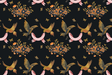 Materiał do szycia Floral raster seamless pattern with flying birds and ribbons. Illustration with flowers can be used for wallpapers, pattern fills, web page backgrounds,surface textures. Gorgeous floral arrangement