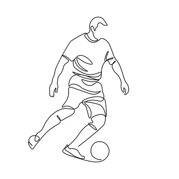 Football player in continuous line art drawing style. Soccer game playing black linear sketch isolated on white background. Vector illustration
