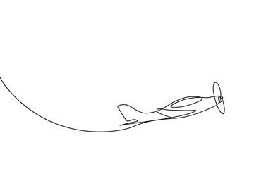 Papier Peint photo Une ligne Petit avion décollant dans un style de dessin d& 39 art en ligne continue. Croquis linéaire noir minimaliste de vol d& 39 avion privé isolé sur fond blanc. Illustration vectorielle