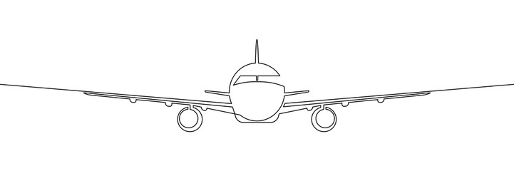 Vorderansicht des fliegenden Passagierflugzeugs. Reisen mit dem Flugzeug. Kontinuierlicher Strichzeichnungsstil. Schwarze lineare Skizze lokalisiert auf weißem Hintergrund. Vektor-Illustration