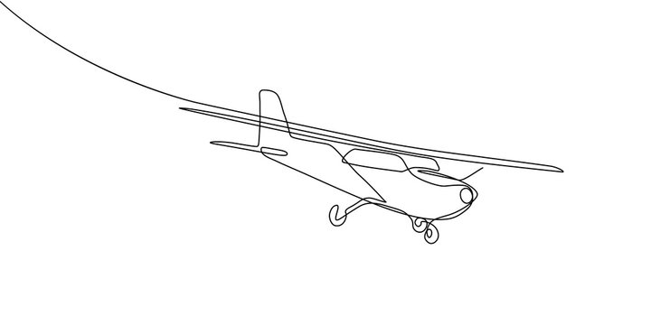 Small plane flying in the sky in continuous line art drawing style. Private airplane black linear sketch isolated on white background. Vector illustration