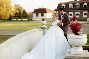 Fototapeta premium Wedding in the castle. Stylish and beautiful. Princess's dress. Lush white dress and veil. Bride is a brunette. The groom in a black suit. A couple is walking in the park on the castle grounds.