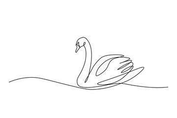 Swan bird on water surface in continuous line art drawing style. Black linear sketch isolated on white background. Vector illustration © GarkushaArt