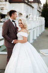 Wedding in the castle. Stylish and beautiful. Princess's dress. Lush white dress and veil. Bride is a brunette. The groom in a black suit. A couple is walking in the park on the castle grounds.