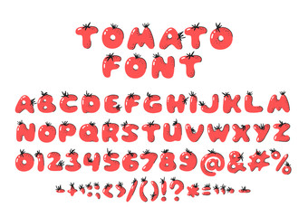 Cartoon vector illustration tomatos  ABC. Hand drawn font with vegan food. Actual Creative art vegetarian alphabet 