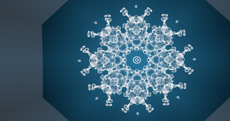 Abstract blue background with particles in mosaic patterns as snowflake.