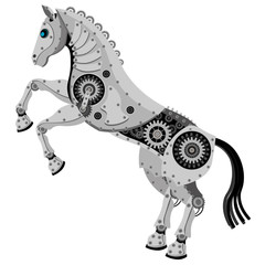 Horse in the style of the robot. Metal mechanical vector horse on a white isolated background.