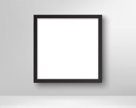Realistic empty black picture frame. Poster in the frame on the wall. Blank white picture mockup template. Vector design