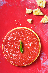 slice of veggie salami on a rice cake