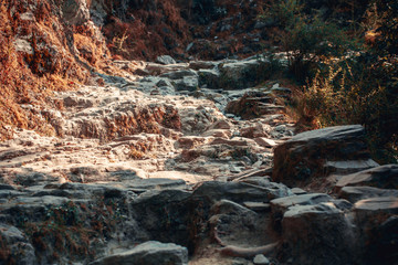 stone path in the mountains. Indian magic Himalayas mountains in Dharamshala Treck to Triud. Himachal Pradesh.