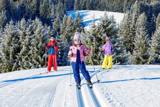 Childs Cross-Country Skiing in European Alps at La Livraz, Nordic ski center located in Meg&egrave;ve in the French Alps between the Aravis mountain range and the Mont Blanc massif, Haute-Savoie.