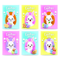 Set of banner for Easter Egg Hunt with cute bunny in egg frame. invitations and greeting cards design with rabbit cartoon color pastel