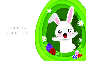 Paper art Happy Easter Egg with cute bunny in egg frame. invitations and greeting cards design with rabbit cartoon.