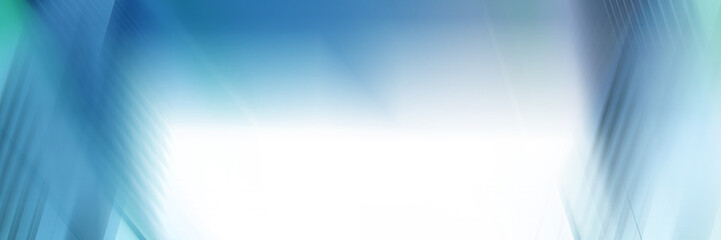 Wide abstract banner, business modern city urban futuristic architecture panoramic background, motion blur, reflection in glass of high rise skyscraper facade, toned blue picture with bokeh.