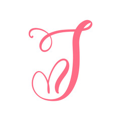 Vector Vintage floral monogram letter J. Calligraphy element heart logo Valentine card flourish frame. Hand drawn Love sign for page decoration and design illustration