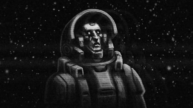Cosmonaut 2D animation with tv damage effect. Cool science fiction spaceman cover. Serious character in space suit. Astronautics day short video. Freehand digital drawing. Black and white background.