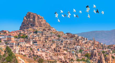 Obraz premium Beautiful landscape with pigeons flying pigeon valley - Uchisar, Cappadocia 