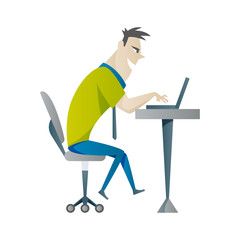 Fototapeta na wymiar Office work and remote work, freelance. Young man working on laptop. Vector illustration in flat style.