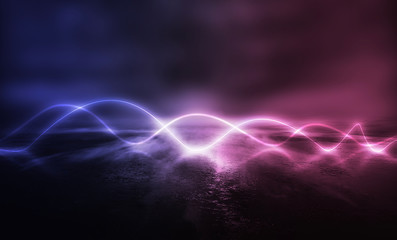 Background of empty stage show. Neon blue and purple light and laser show. Laser futuristic shapes on a dark background. Abstract dark background with neon glow