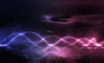 Background of empty stage show. Neon blue and purple light and laser show. Laser futuristic shapes on a dark background. Abstract dark background with neon glow