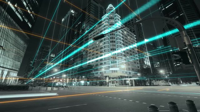 Singapore cityscape with futuristic network connection. Technology concept. Hyperlapse