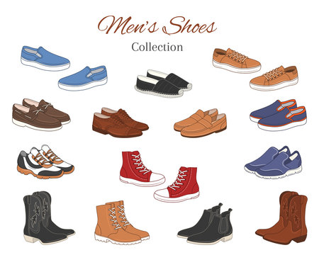 Men's shoes collection. Various types of male shoes casual boots, sneakers, formal shoes, vector illustration, isolated on white background.