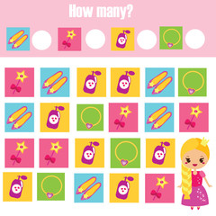 Mathematics educational children game. Study counting, numbers, addition. Princess theme kids math activity