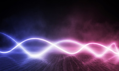 Background of empty stage show. Neon blue and purple light and laser show. Laser futuristic shapes on a dark background. Abstract dark background with neon glow