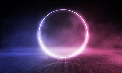 Background of empty stage show. Neon blue and purple light and laser show. Laser futuristic shapes on a dark background. Abstract dark background with neon glow