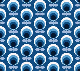 Gordijnen Klassieke blauwe cirkel bloemenpatroon uit het midden van de eeuw © DanaDuDesign