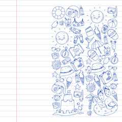 Vector pattern with travel and beach icons.