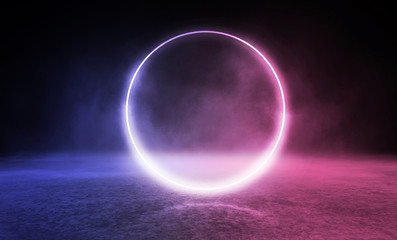 Background of empty stage show. Neon blue and purple light and laser show. Laser futuristic shapes on a dark background. Abstract dark background with neon glow