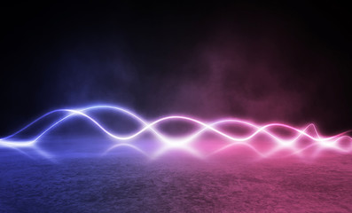 Background of empty stage show. Neon blue and purple light and laser show. Laser futuristic shapes on a dark background. Abstract dark background with neon glow