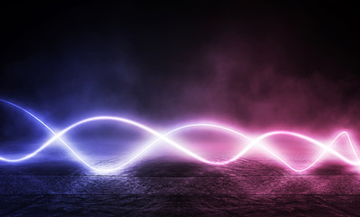 Background of empty stage show. Neon blue and purple light and laser show. Laser futuristic shapes on a dark background. Abstract dark background with neon glow