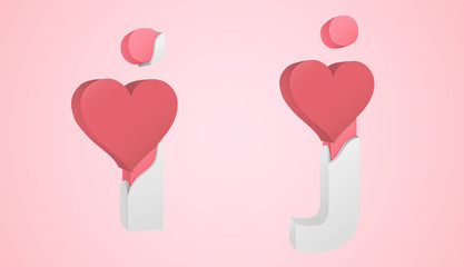 Letters i and j color pink inside the white broken Letters with a big red heart.