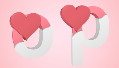 Letters o and p color pink inside the white broken Letters with a big red heart.