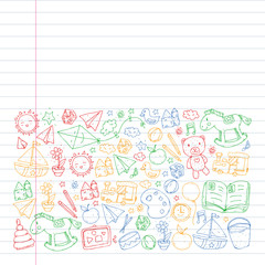 Kindergarten with toys. Pattern for children. Little preschool kids education. Drawing, learning, play