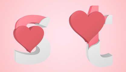 Letters s and t color pink inside the white broken Letters with a big red heart.