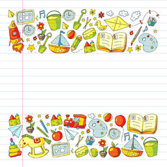Kindergarten with toys. Pattern for children. Little preschool kids education. Drawing, learning, play