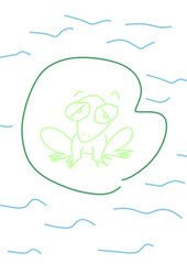 Little frogs in the pond.Drawing of a little boy. Simple stripes