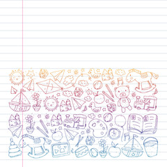 Fototapeta premium Kindergarten with toys. Pattern for children. Little preschool kids education. Drawing, learning, play