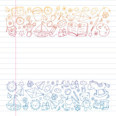 Kindergarten with toys. Pattern for children. Little preschool kids education. Drawing, learning, play